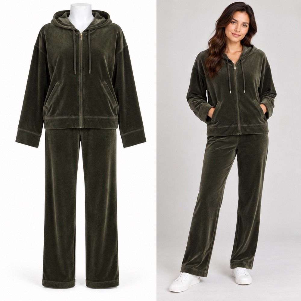 Jones Sport Vintage Velour Lounge Set Green Hoodie Pants Womens Medium Y2K Zip